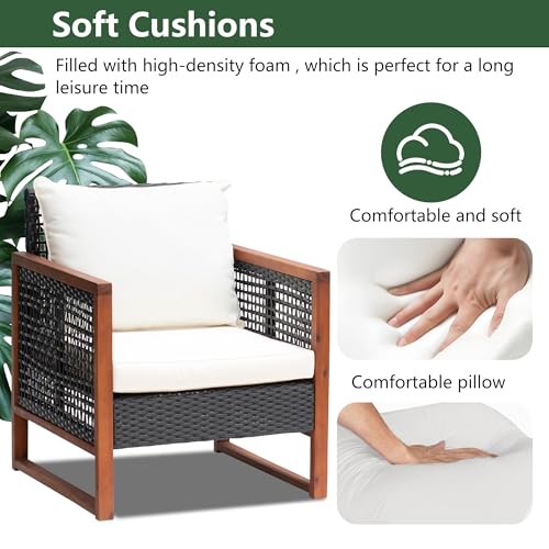 PayLessHere 3-Piece Outdoor Patio Furniture Set Modern Rattan Bistro Conversation Set with Acacia Wood Frame, Coffee Table, and Water-Resistant Cushions for Balcony, Garden, or Backyard (Khaki)