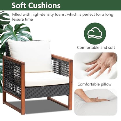 PayLessHere 3-Piece Outdoor Patio Furniture Set Modern Rattan Bistro Conversation Set with Acacia Wood Frame, Coffee Table, and Water-Resistant Cushions for Balcony, Garden, or Backyard (Khaki)