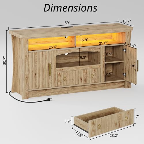 TV Stand for 65 inch TVs, Entertainment Center with Power Outlet and Led Lights, TV Console with Storage Cabinets and Drawer, TV Stands for Living Room