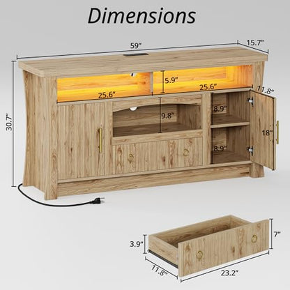 TV Stand for 65 inch TVs, Entertainment Center with Power Outlet and Led Lights, TV Console with Storage Cabinets and Drawer, TV Stands for Living Room