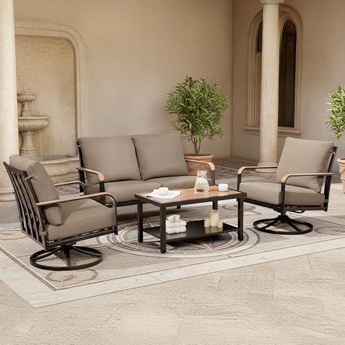 Patio Furniture Sets,4 Pieces Metal Outdoor Conversation Sofa Set with High Back Swivel Rocking Chairs with Anti-Scald Armrest,Double-Deck Wooden-Grain Table,6" Cushions for Yard