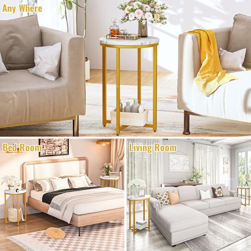 Modern Gold Side Table Set of 2, Small Coffee Table Round End Table with Gold Frame, Faux Marble Side Table Bedside Table for Living Room, Bedroom, Small Space, 16" D*24" H
