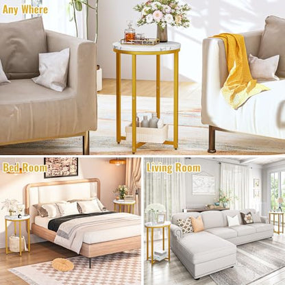 Modern Gold Side Table Set of 2, Small Coffee Table Round End Table with Gold Frame, Faux Marble Side Table Bedside Table for Living Room, Bedroom, Small Space, 16" D*24" H