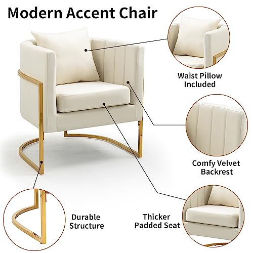 Velvet Accent Chairs Set of 2, Mid Century Modern Upholstered Barrel Armchair with Pillow for Living Room, Comfy Single Club Chair with Metal Gold Legs for Bedroom, White