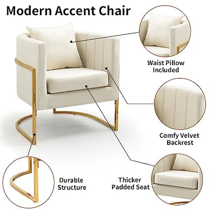 Velvet Accent Chairs Set of 2, Mid Century Modern Upholstered Barrel Armchair with Pillow for Living Room, Comfy Single Club Chair with Metal Gold Legs for Bedroom, White