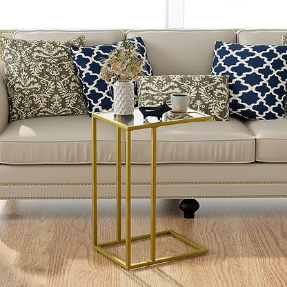 C-Shaped End Table, Side Table for Couch,Sofa Snack Table with Tempered Glass & Metal Frame,Small TV Tray Table for Small Space,Living Room, Bedroom, Bedside,Modern Style, Gold