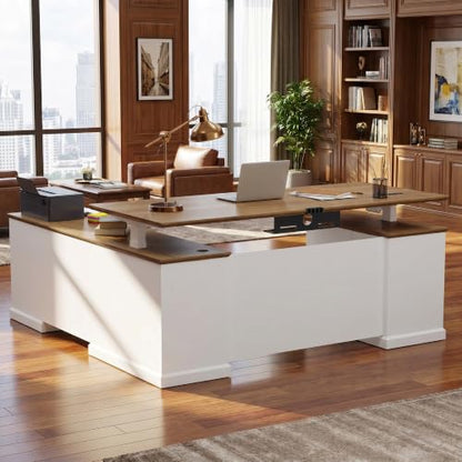 71" L Shaped Executive Desk with File Cabinet Drawers Outlet USB, view 6