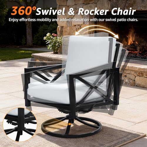 4 Pieces Patio Furniture Sets, Modern Metal Outdoor Conversation Sets with High Back Rocking Swivel Chairs,38’’ Metal Table, 5.5" Thick Cushions