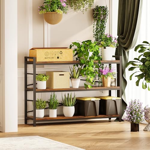 3 Tier Bookcase 47.24" Width, Long Industrial Book Shelf, Vintage Wooden Large Book Shelf for Home Living Room Bedroom Office Storage(Vintage)