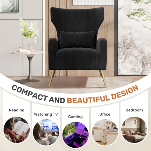 Velvet Accent Chairs Modern High Back Armchair Arm Chair with Lumbar Pillow, High Back Upholstered Single Sofa Chair with Gold Metal Legs for Bedroom,Black