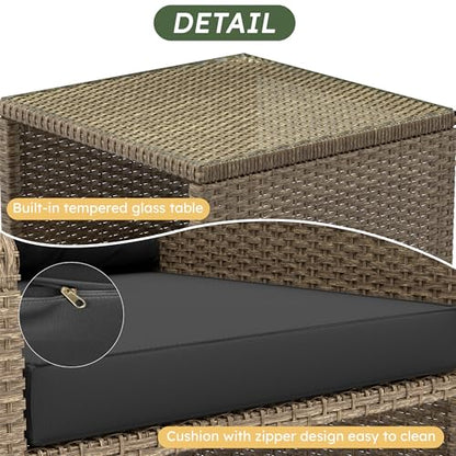 Balcony Furniture 5 Pieces Patio Set, Hand-Woven Rattan Patio Conversation Set with Soft Cushions & Coffee Table, Outdoor Chairs with Hidden Ottoman for Porch, Lawn, Garden, Balcony, Black