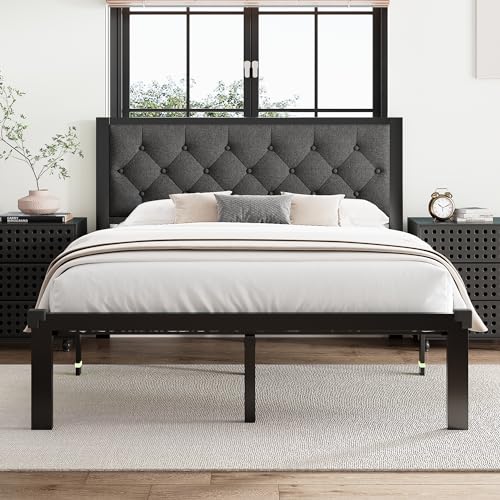 Queen Size Bed Frame with Linen Upholstered Headboard, view 3