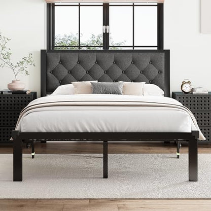 Queen Size Bed Frame with Linen Upholstered Headboard, view 3
