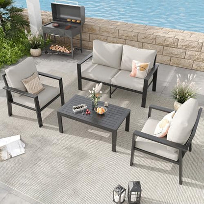 Aluminum Patio Furniture Sets Metal Outdoor Furniture Set with Cushion All-Weather Sectional Sofa with Coffee Table for for Backyard, Garden and Poolside Easy Assembly(Beige)