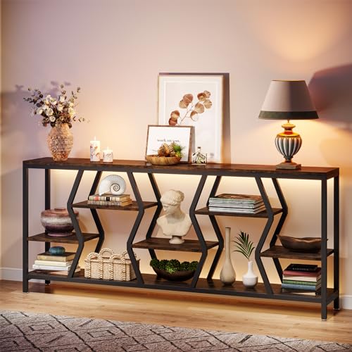 Tribesigns 70.9 Inches Sofa Console Table with 4 Tier Wood Storage Shelves, Industrial Extra Long Narrow Entryway Accent Tables for Hallway, Living Room, Foyer (Rustic Brown)