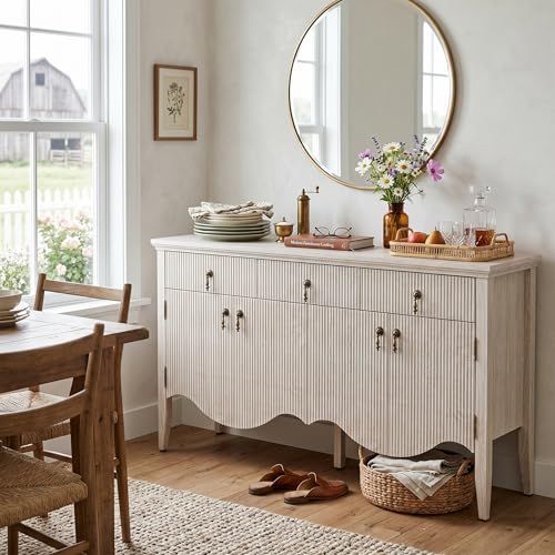 57" Fluted Sideboard Buffet with Storage, 4 Doors & 3 Drawers, Oak, view 4