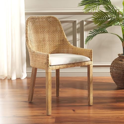 SAFAVIEH Home Collection Altha Tropical White/Natural/Brown Rattan Dining Chair with Cushion (Fully Assembled)