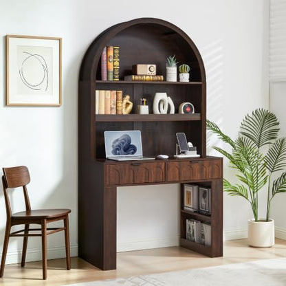 Arched Office Desk with Hutch, Dark Walnut, Desktop 39.4" Wx 19.7"D, view 2