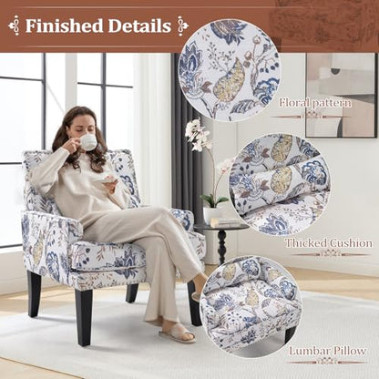 Floral Accent Chair Set of 2 with Lumbar Pillow,Upholstered Wingback Reading Armchair with Nailhead Trim, Mid-Century Single Sofa Chair for Living Room, Bedroom, Blue Floral