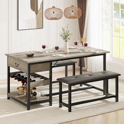 Dining Table Set for 4, Kitchen Dining Table Set with Upholstered Benches, Kitchen Dining Room Table with Storage Drawers & Wine Rack for Small Space, Light Grey