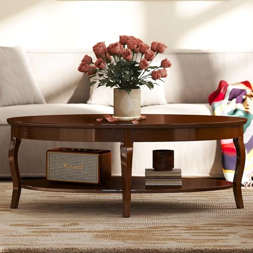Coffee Table with Storage Oval Solid Wood Coffee Table Antique Farmhosue Living Room Table Rustic Center Table for Living Room Guest Room Reception Room Waiting Room, Brown Walnut Color