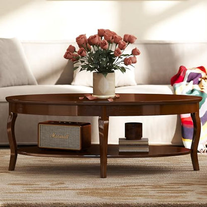 Coffee Table with Storage Oval Solid Wood Coffee Table Antique Farmhosue Living Room Table Rustic Center Table for Living Room Guest Room Reception Room Waiting Room, Brown Walnut Color