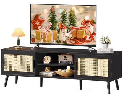 TV Stand for 65 Inch TV, Entertainment Center with Adjustable Shelf, Rattan TV Console with 2 Cabinets, Media Console, Solid Wood Feet, 4 Cord Holes, for Living Room, Black