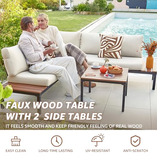 Outdoor Furniture Set, L Shape Patio Sectional, Metal Corner Couch Sofa Set with Side Tables, Detachable Backrest, Fauxwood Coffee Table, Beige Olefin Cushions for Garden Deck