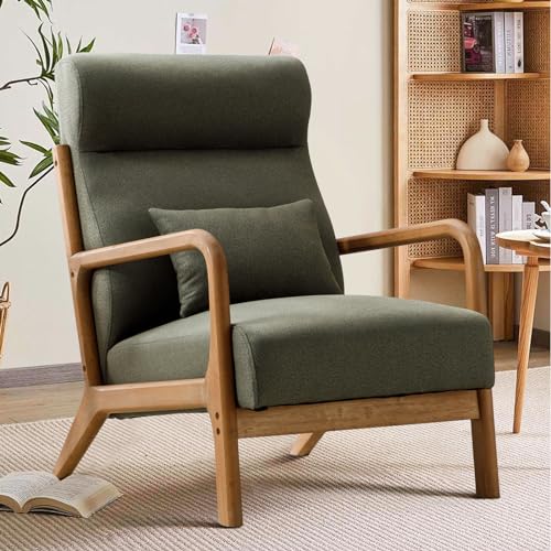 Mid Century Modern Accent Chair with High Back, Upholstered Living Room Chairs with Waist Cushion, Wood Frame Reading Armchair for Bedroom Sunroom, Green