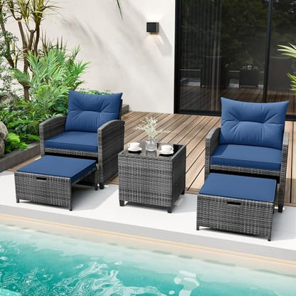 5 Pieces Patio Conversation Set, PE Wicker Rattan Outdoor Furniture Set with 2 Chairs, 2 Ottomans & Tempered Glass Coffee Table, Ideal for Poolside, Backyard, Lawn, Deck, Mix Grey & Navy