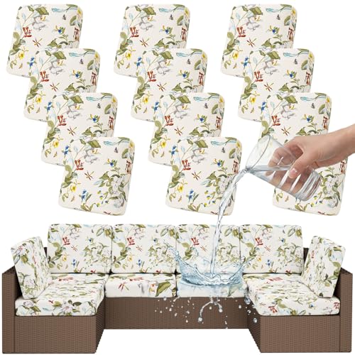 Waterproof Patio Cushion Covers, Stretch Outdoor Couch Slipcovers Replacement Washable Furniture Protector Sofa Chair Seat Cover for Dogs and Pets (12 Pcs, Beige and Green)
