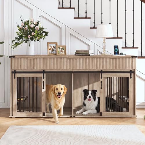 71" XXL Double Dog Crate TV Stand for Large Dogs, Wooden Kennel (Grey Oak), view 4