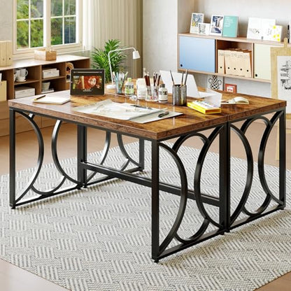 Rustic Computer Desk,55 Inch Metal Wooden Home Office Writing Desk, view 6