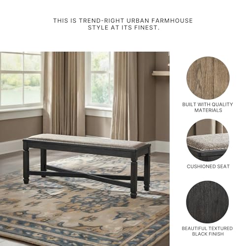 Signature Design by Ashley Tyler Creek Farmhouse Upholstered Dining Room Bench with Tapered Legs, Heavy Woven Fabric, Wood, 19.5" High Seat, Black & Gray