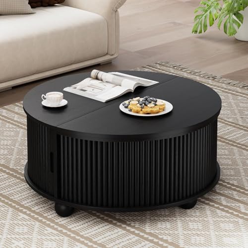 Fluted Round Coffee Tables,31.5" Mid Century Modern Circle Drum Table with Storage, Accent Coffee Table with Sliding Cabinet Door for Living Room Small Space (Black)