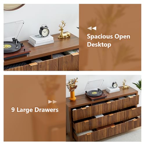 Mid Century Modern Dresser TV Stand, 9 Drawer Dresser for Bedroom Wood, Farmhouse Boho Storage Cabinet Side Table with Solid Natural Wood Legs, Long Wooden Nightstand for Closet (Walnut)