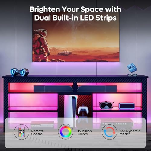 TV Stand for 70 inch TV, Tall Entertainment Center with 2 Led Lights, view 6
