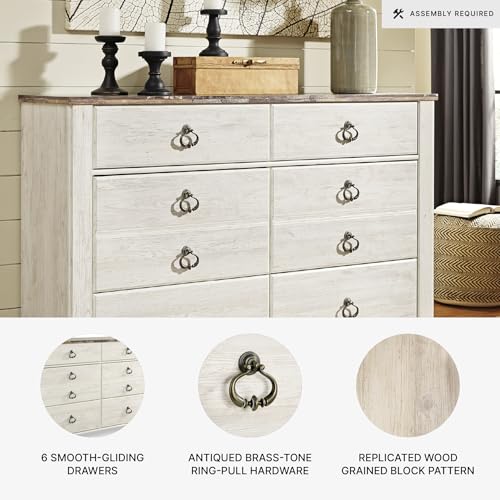 Signature Design by Ashley Willowton Dresser, 6 Drawer Whitewash Bedroom Dresser, Coastal Cottage Style Chest of Drawers, Engineered Wood, Antique Brass Ring-Pulls, 61" W