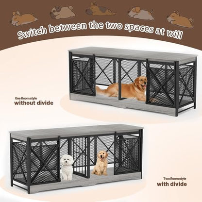 78" Double Dog Crate with Divider, Gray, view 4