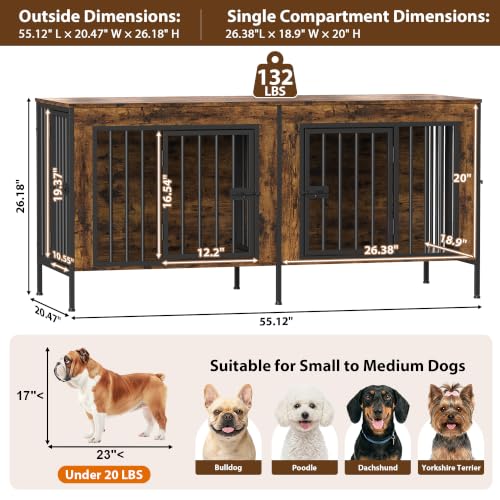 55" Wooden Double Dog Crate Furniture, Removable Divider, Brown, view 7