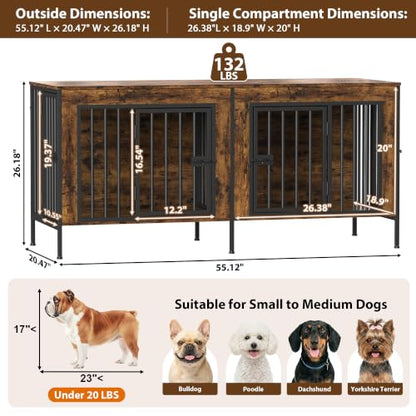 55" Wooden Double Dog Crate Furniture, Removable Divider, Brown, view 7