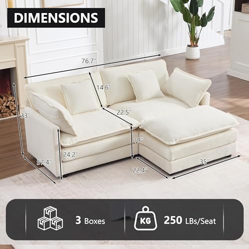 76.7" Beige White Cloud Modular Sectional Sofa for Small Spaces, Deep Seat 2 Seater L Shaped Couch, Comfy Chenille Loveseat with Ottoman Chaise for Living Room Apartment