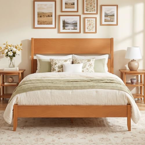 Full Size Wooden Bed Frame with Slatted Headboard (Warm Brown), view 4