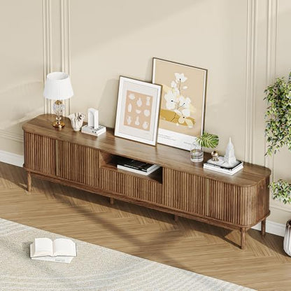 86.6'' Fluted TV Stand for 75/80/85 Inch TVs, Mid Century Modern Entertainment Center with Large Storage Space & Open Shelves, Walnut TV Console with Sliding Doors for Living Room