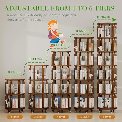 6 Tier 360° Rotating Solid Wood Bookshelf with Wheels, view 5