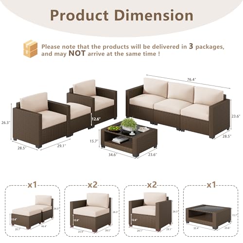 7 Piece Outdoor Patio Furniture Set, Rattan Chairs Glass Table Wicker Conversation Seating Sectional Sofa with Cushions (Brown-Beige, 7Pcs-2 Layer Coffee Table)