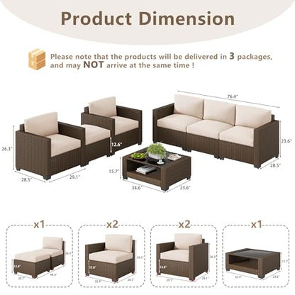 7 Piece Outdoor Patio Furniture Set, Rattan Chairs Glass Table Wicker Conversation Seating Sectional Sofa with Cushions (Brown-Beige, 7Pcs-2 Layer Coffee Table)