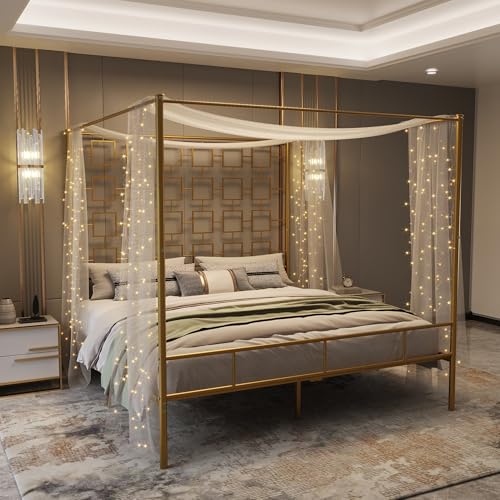 King Size Canopy Bed Frame, Four-Poster Platform Bed with Metal Slats Support, view 2