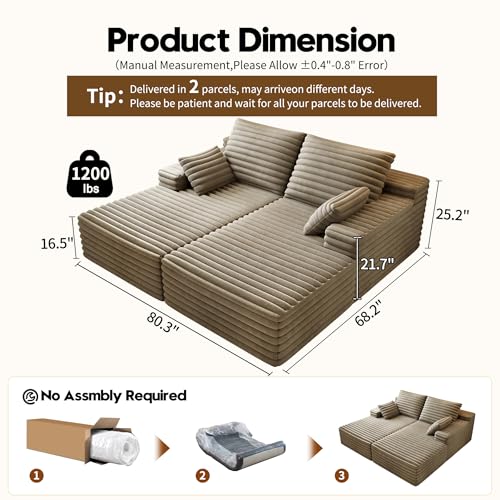 80” Oversized Double Lounge Chaise,Cloud Plush Sofa Bed,Upholstered Boneless Cloud Sofa Deep Seat,No Assembly Required,Modern Corduroy Sleeper Loveseat Chair for Living Room Bedroom Reading,Camel