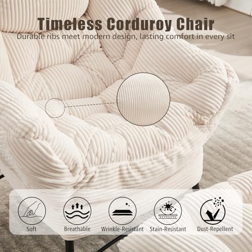 Oversized Lazy Chair with Ottoman for Adults, Chair and Ottoman Set Modern Skinny Lounge Chair with Footrest, Wide Reading Chair for Living Room, Comfy Accent Armchair for Small Spaces, White